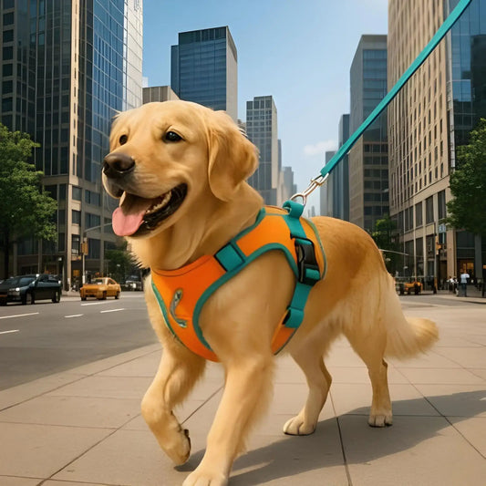 Un golden retriever se balade sur un trottoir en ville avec son harnais pour chien orange.