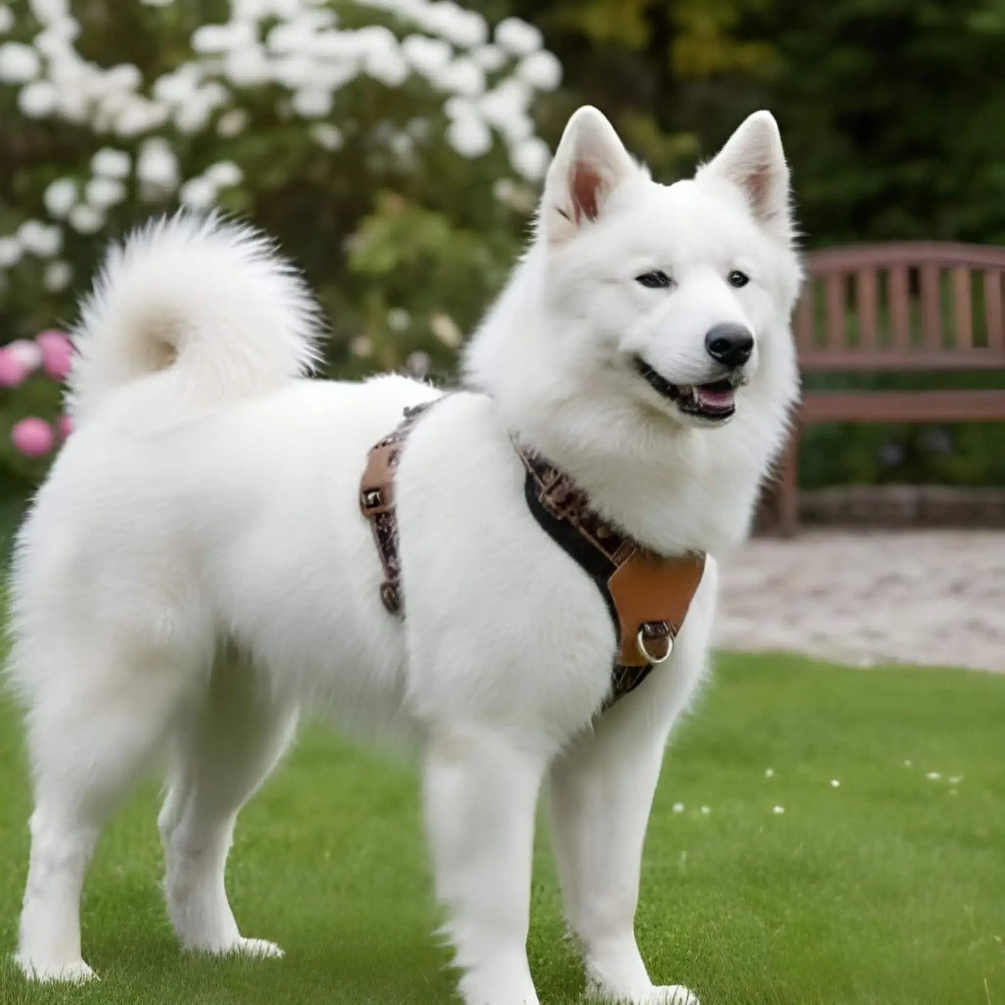 Un spitz japonais géant dans un parc avec son harnais pour chien marron.