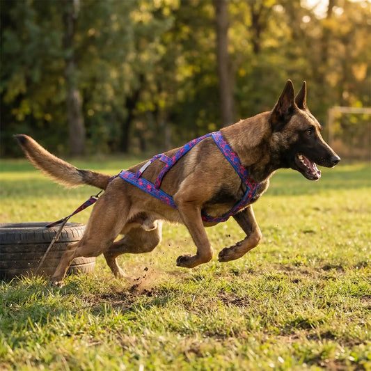 Un malinois s'entraîne à tirer un pneu avec le harnais pour chien de course violet.