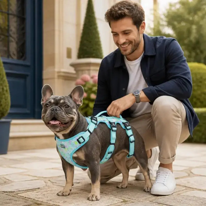 Un homme avec un bouledogue français qui porte un harnais turquoise.