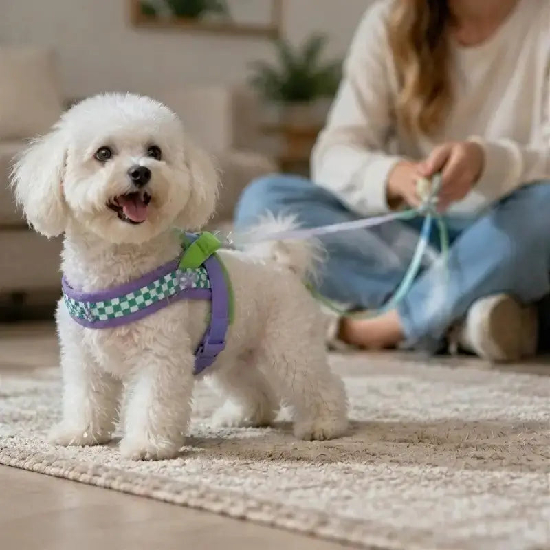 Un bichon frisé en laisse avec son maître dans un salon.