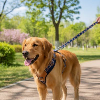 harnais chien golden retriver roux promenade laisse