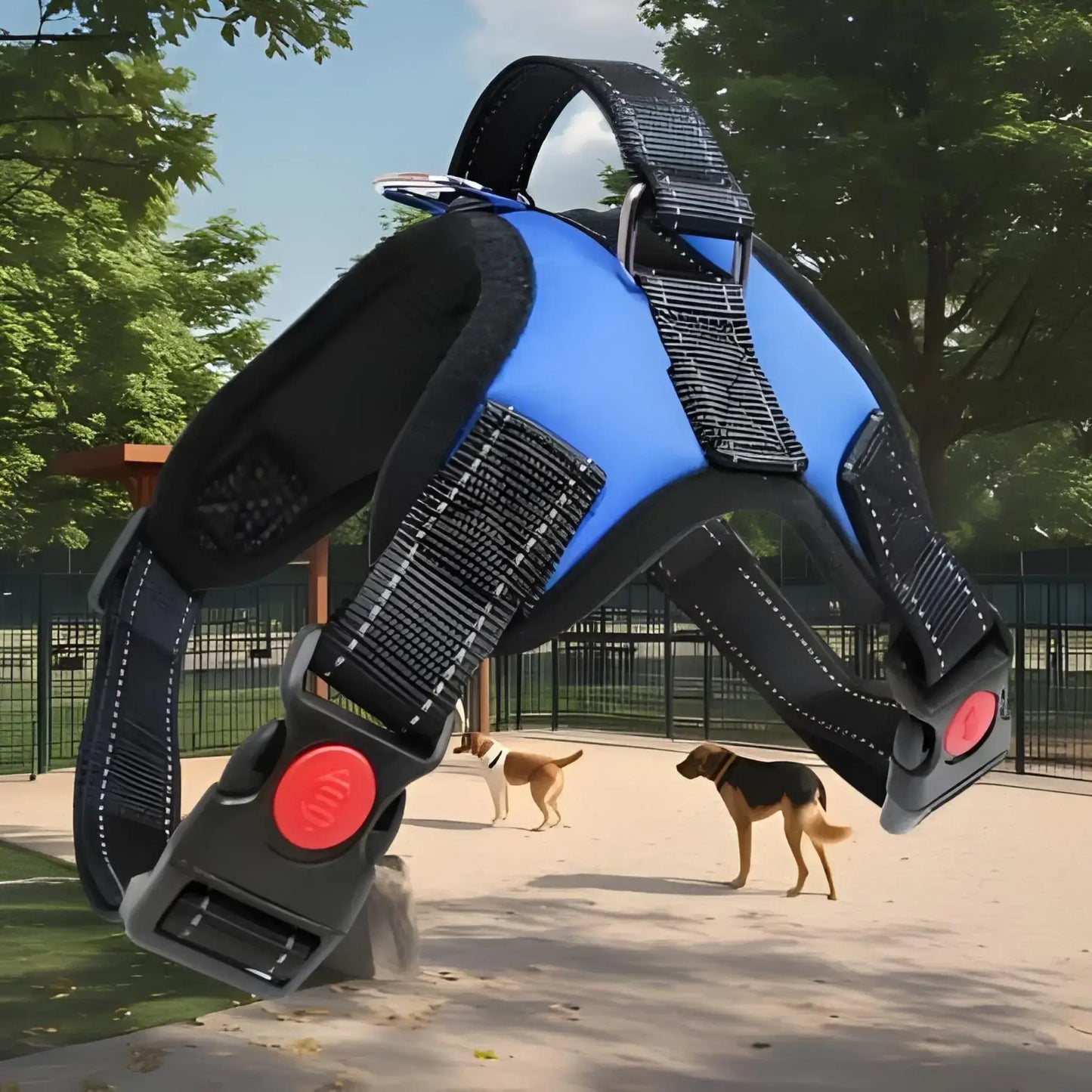 Un harnais pour chien bleu avec un parc a chien.