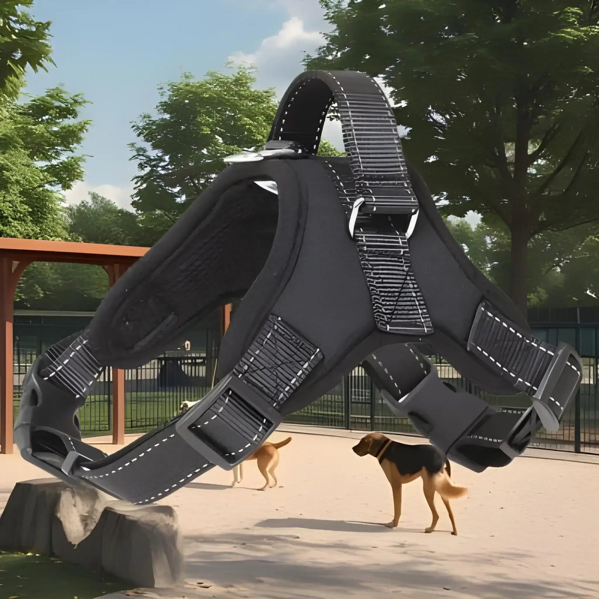 Un harnais pour chien noir avec un arrière-plan de parc à chiens.