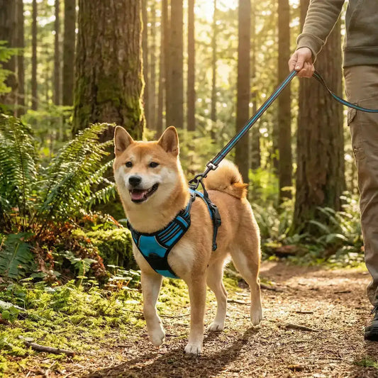 Un shiba inu marche dans la forêt avec son harnais pour chien bleu.