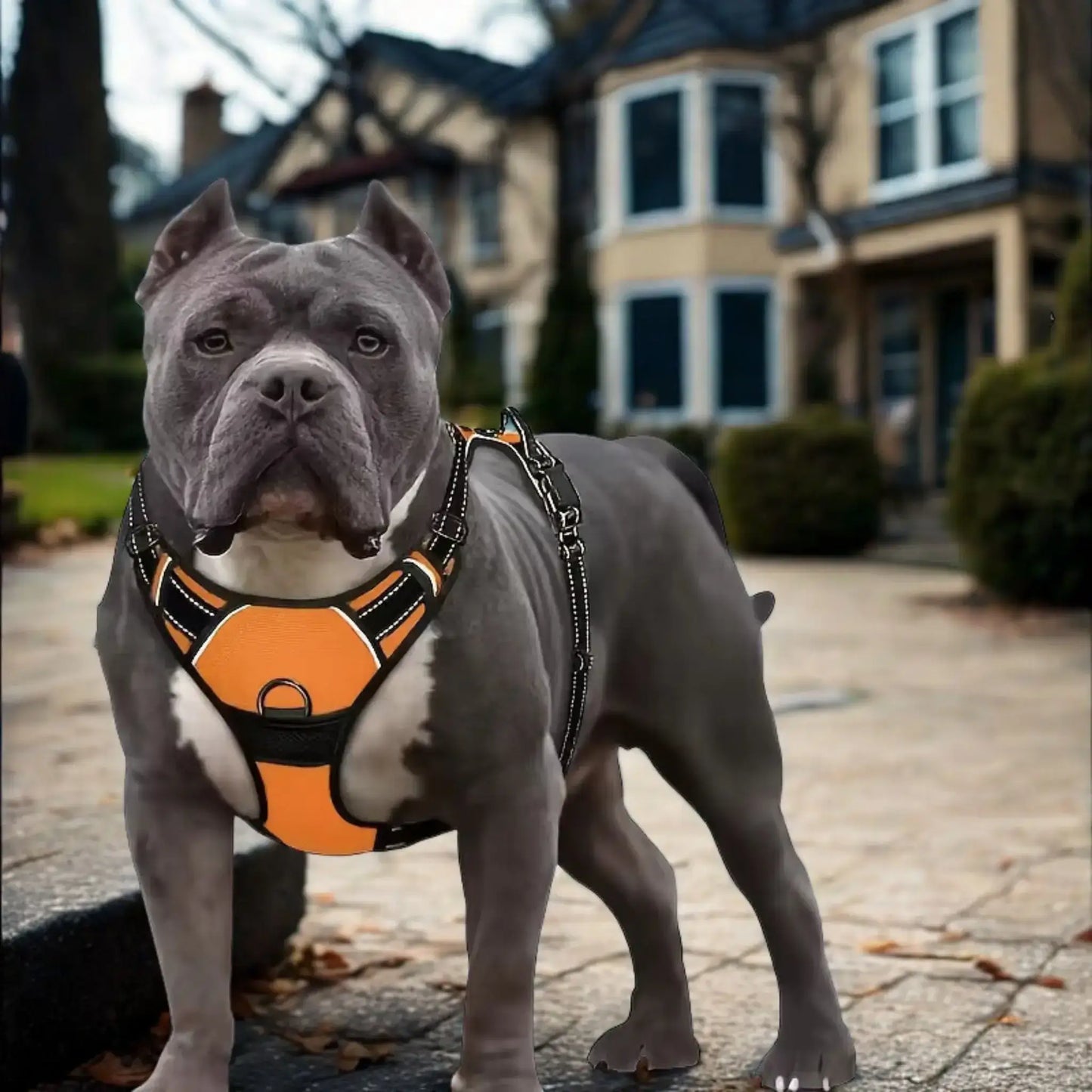 Un bully américain devant la maison porte un harnais pour chien orange.