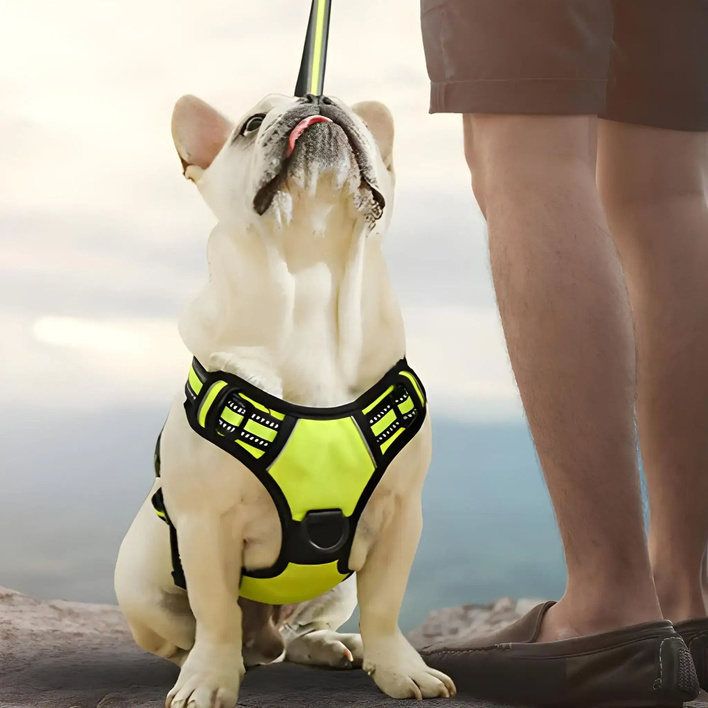 Un bouledogue français regardant en l'air vers son maître porte un harnais pour chien vert fluo.