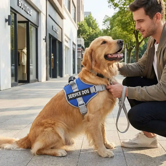Un homme sur un trottoir en ville avec son golden retriever qui porte le harnais pour chien personnalisé.