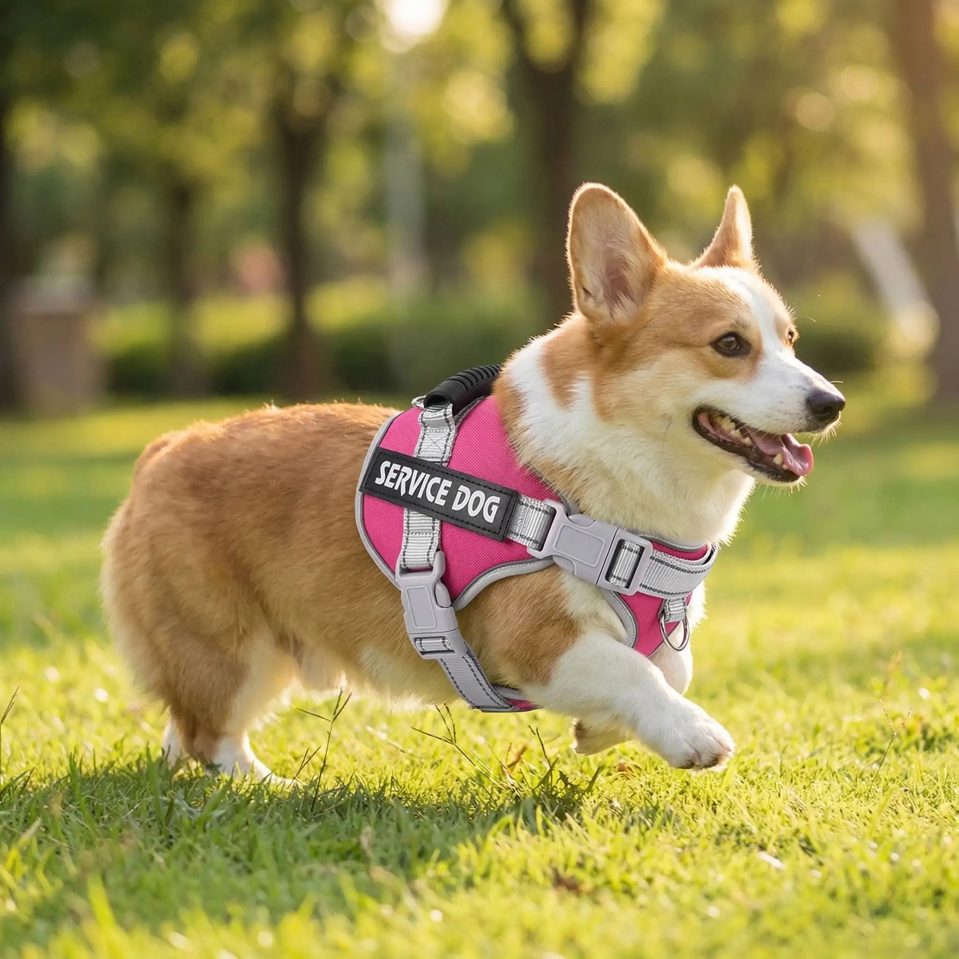 Un corgi marche sur la pelouse avec son harnais pour chien personnalisé.