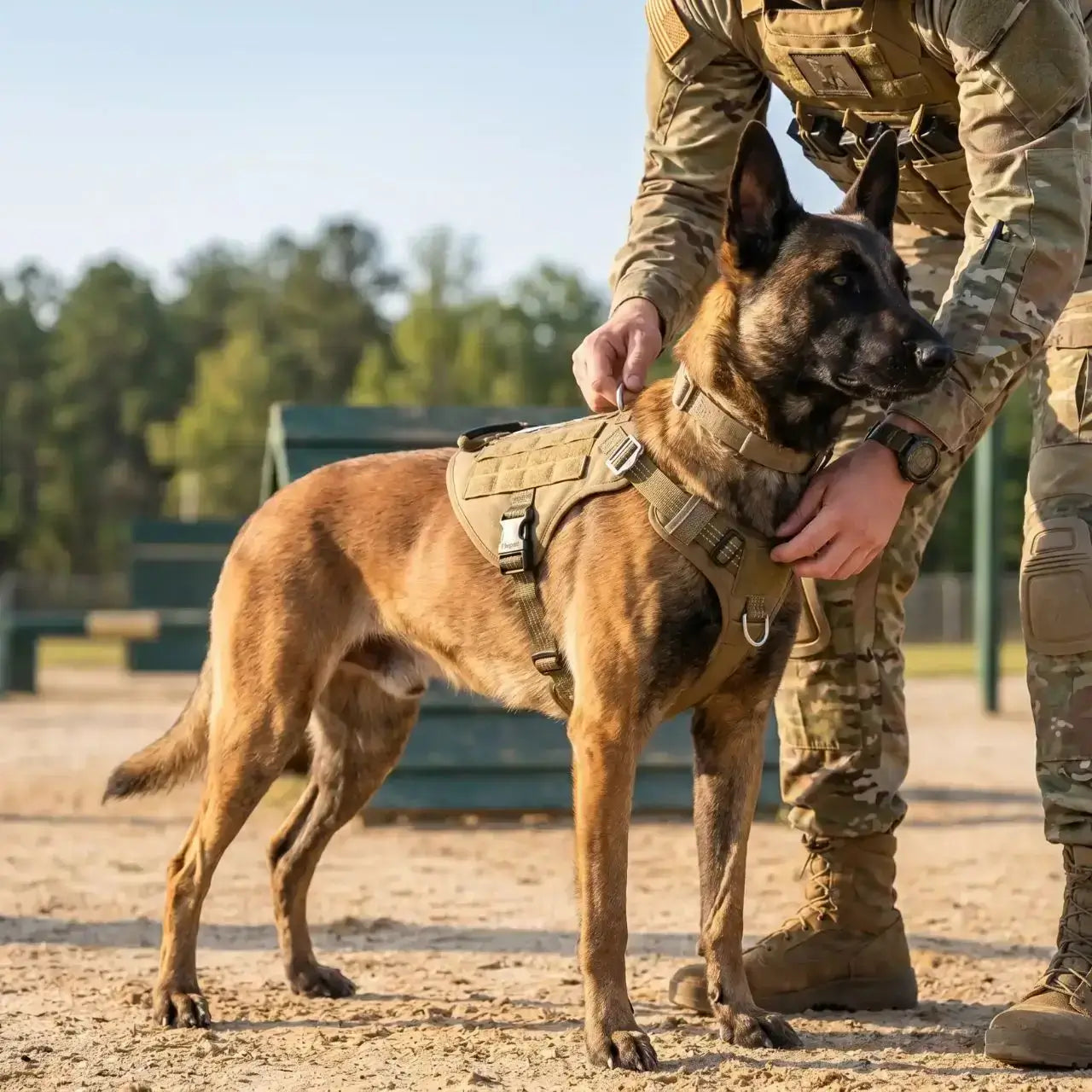Un malinois accompagné de son maître lors d'un entraînement militaire, avec son harnais personnalisé pour chien brun coyote.