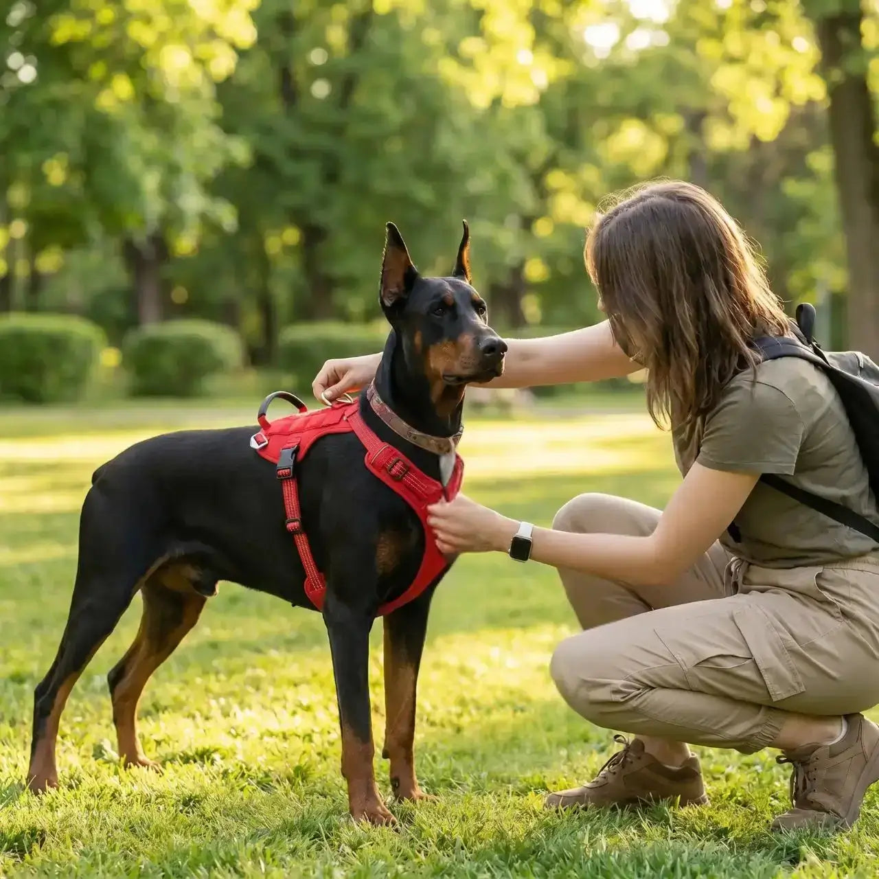 Une femme dans un parc est accroupie devant son doberman qui porte le harnais pour chien personnalisé rouge 