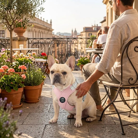 Un bouledogue français sur une terrasse avec son maître porte un harnais pour chien rose.