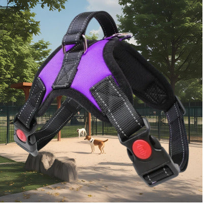 harnais chien violet arriere plan parc chien