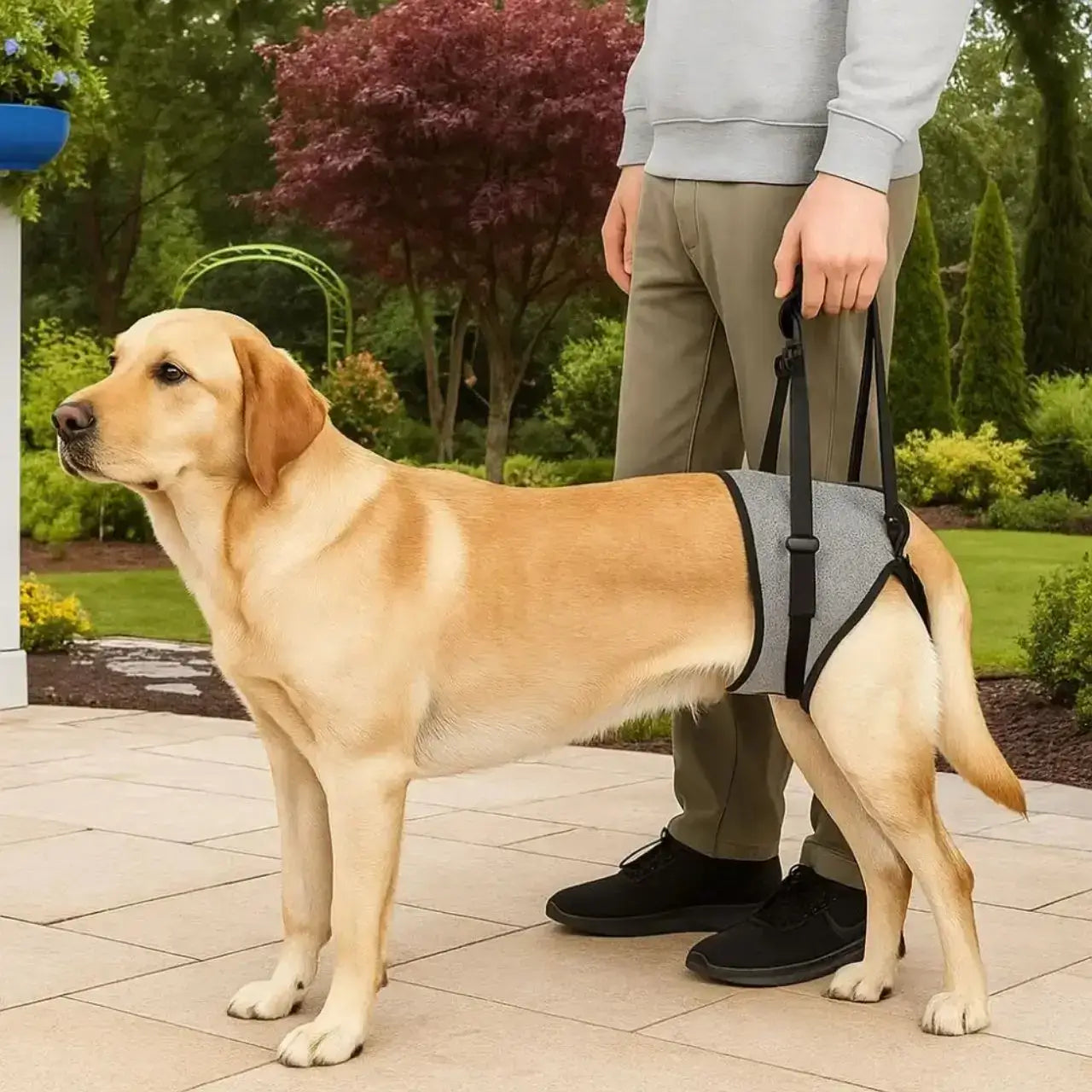 Un homme dans un jardin supporte les pattes arrière de son labrador avec le harnais de levage pour chien.