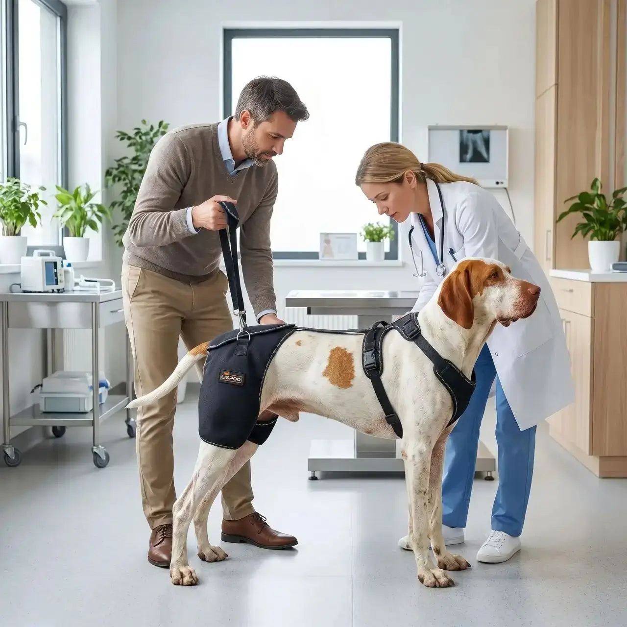 Un homme avec une vétérinaire dans une clinique soigne un pointer anglais qui porte le harnais de levage pour chien.