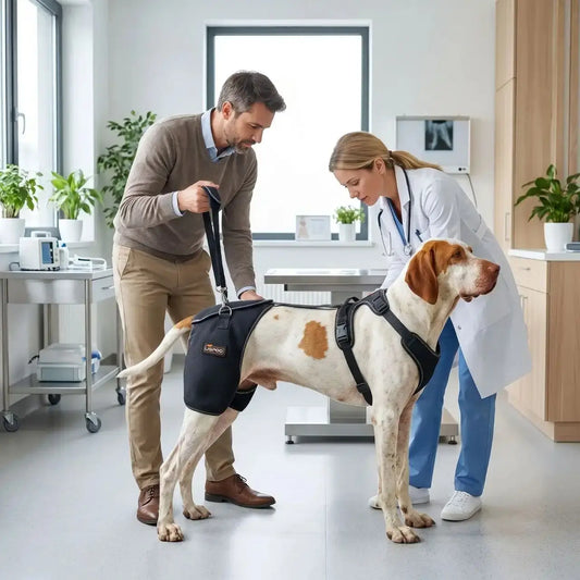 Un homme avec une vétérinaire dans une clinique soigne un pointer anglais qui porte le harnais de levage pour chien.