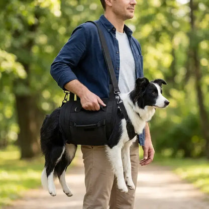 Un homme transporte son border collie en bandoulière avec le harnais de portage noir