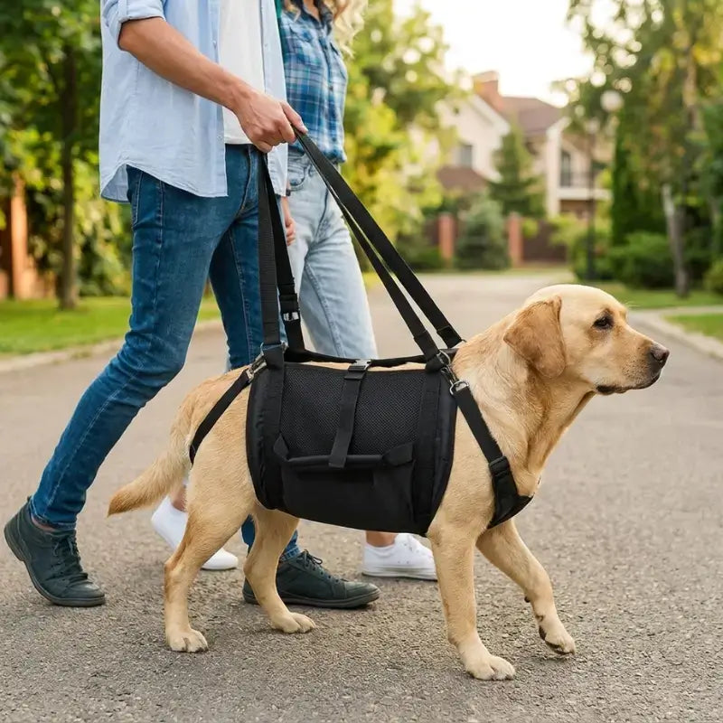 Un homme marche avec son labrador et le soutient avec le harnais de portage pour chien.