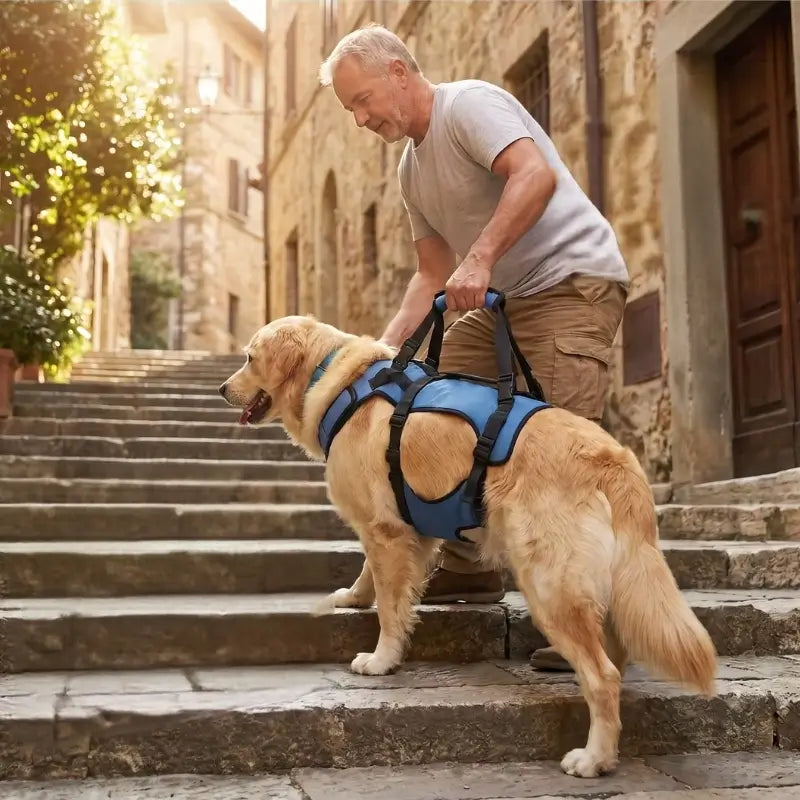 Un homme aide son golden retriever à monter les marches en ville avec un harnais de soutien bleu.