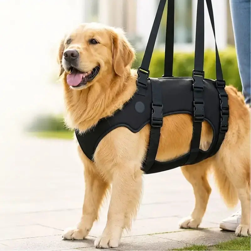 Un golden retriever avec son harnais de soutien noir.
