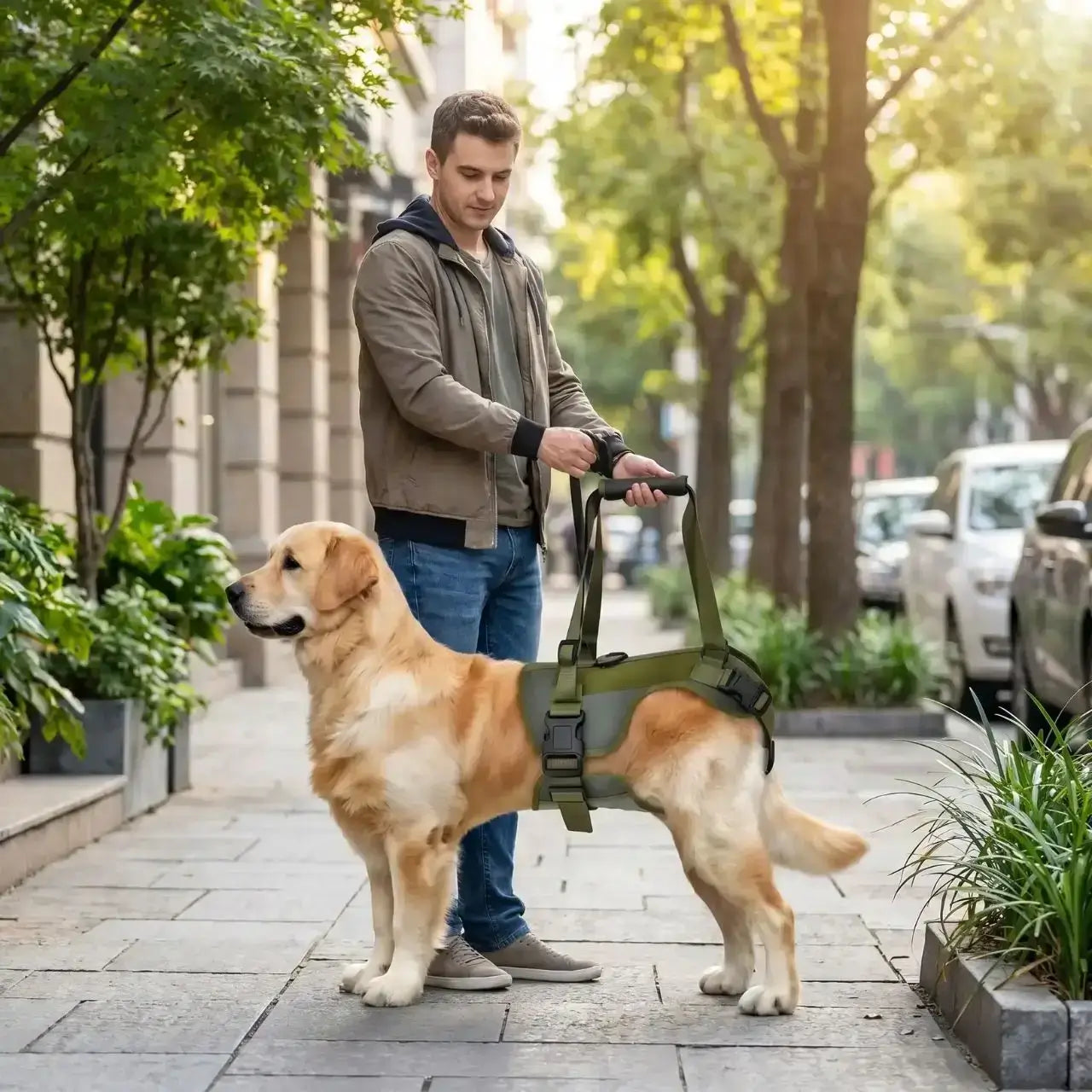 Un homme sur le trottoir soutient son labrador avec le harnais de soutien pour chien.