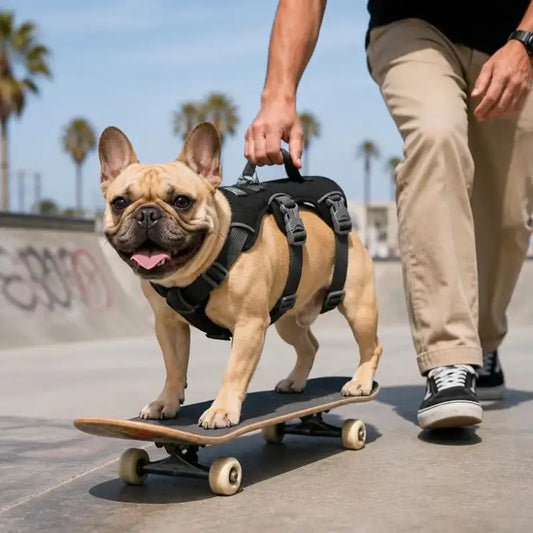 Un bouledogue français sur une planche à roulettes porte un harnais pour chien noir.
