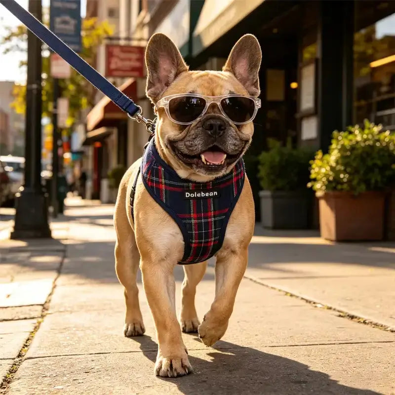 Un bouledogue français avec une laisse et son harnais en Y