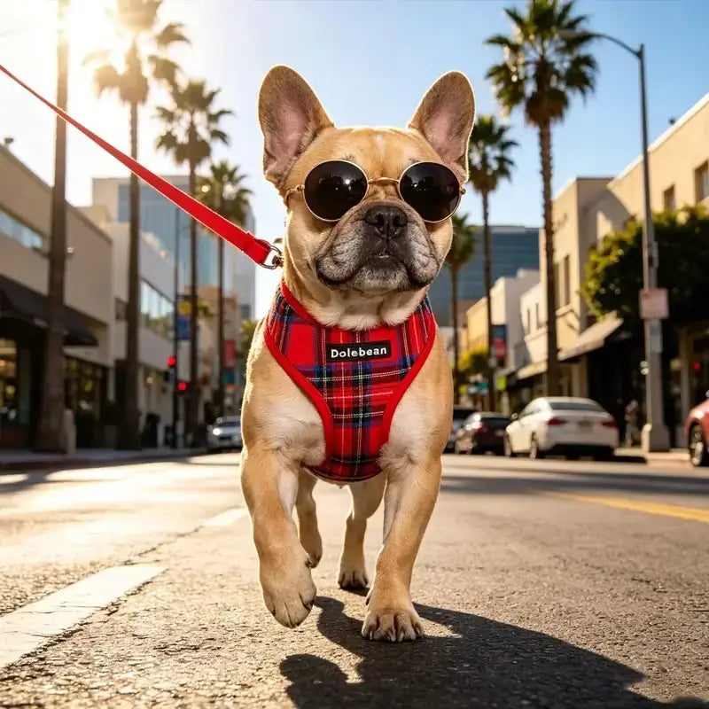 Un bouledogue français en ville avec son harnais en Y pour chien rouge.