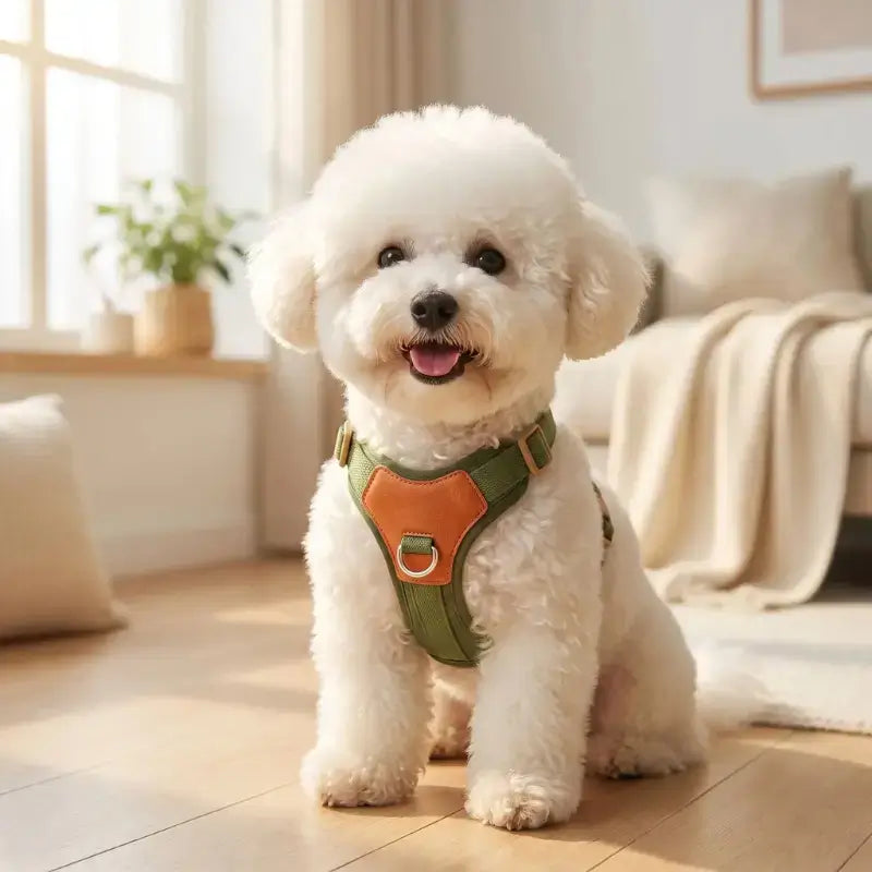 Un bichon frisé assis dans un salon est vêtu d'un harnais vert.
