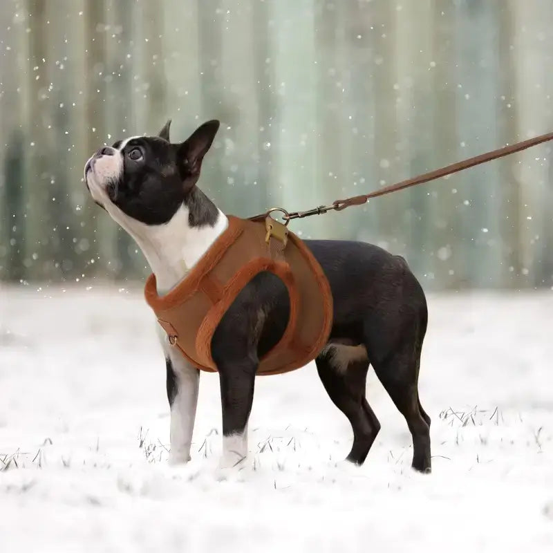 Un Boston terrier en laisse dans la neige porte son harnais marron.