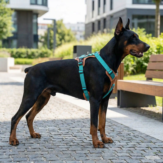 Un doberman debout sur un trottoir en ville porte un harnais turquoise.