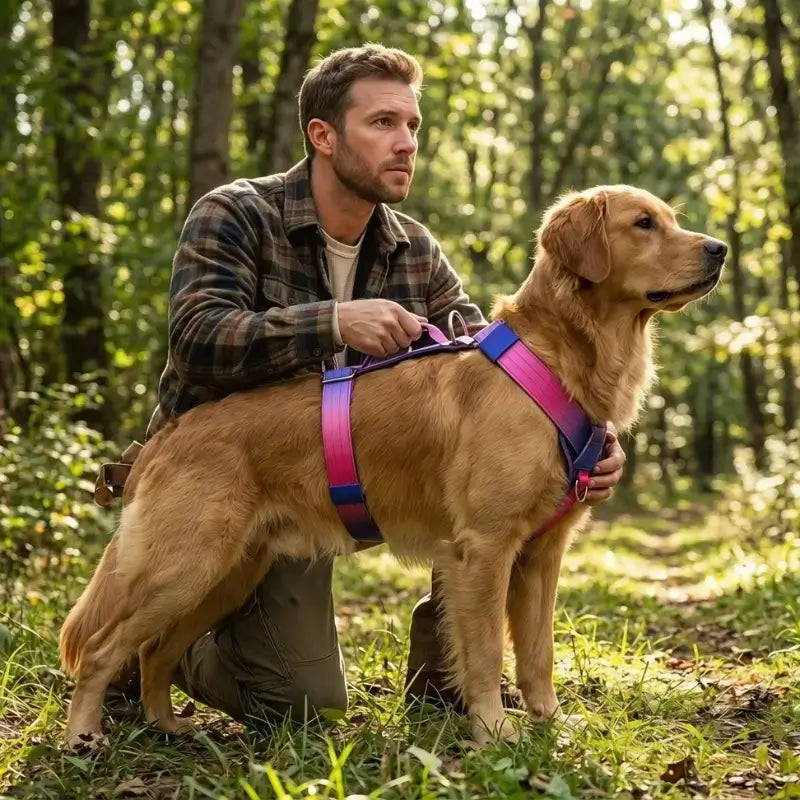 Un golden retriever avec son maître dans la forêt porte un harnais pour gros chien rose et bleu.