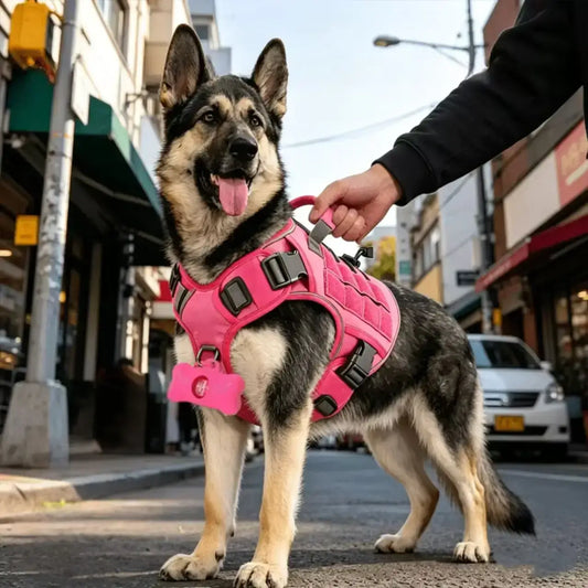 Un berger allemand avec son maître en ville porte le harnais militaire pour chien rose.