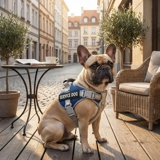 Un bouledogue sur la terrasse d'un café avec son harnais personnalisable pour chien bleu.