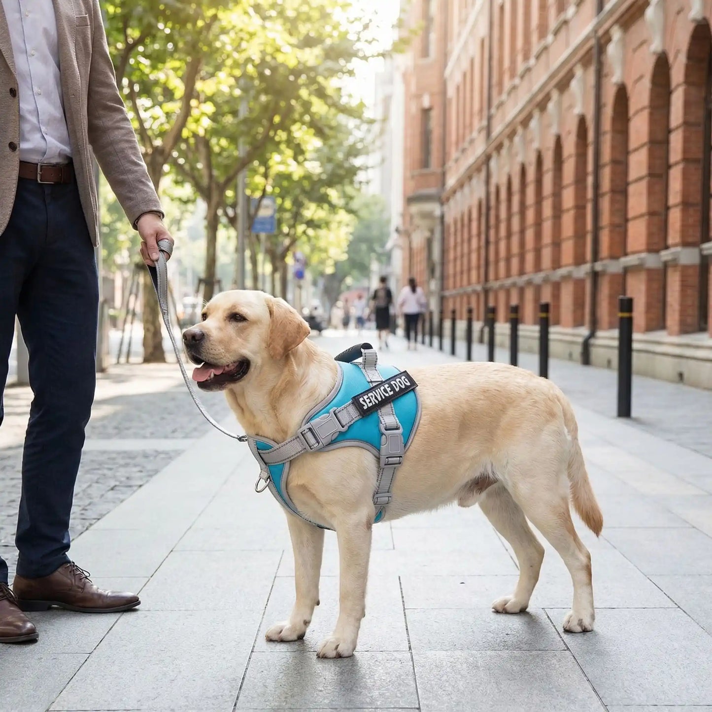 Un homme sur un trottoir en ville avec son labrador qui porte le harnais personnalisable pour chien turquoise.