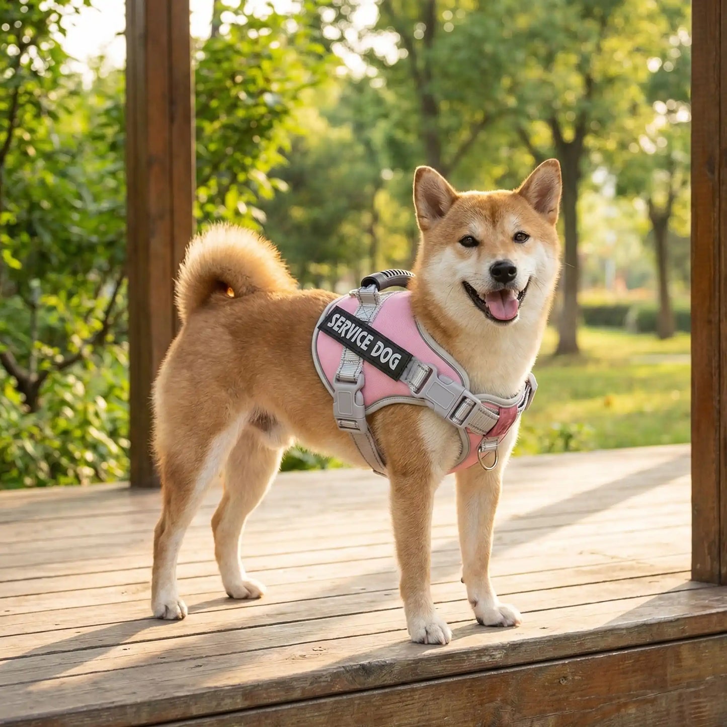 Un shiba inu sur un balcon porte le harnais personnalisable pour chien rose.