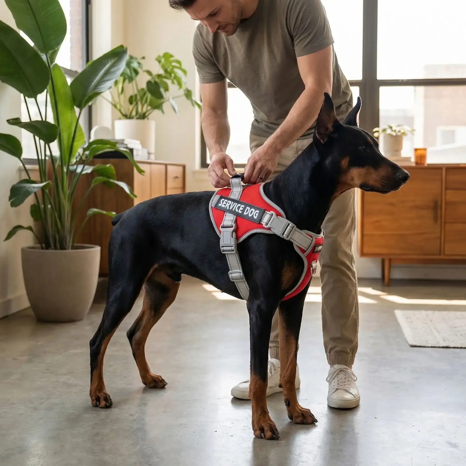 Un homme met en place sur son Doberman le harnais personnalisable pour chiens rouge.
