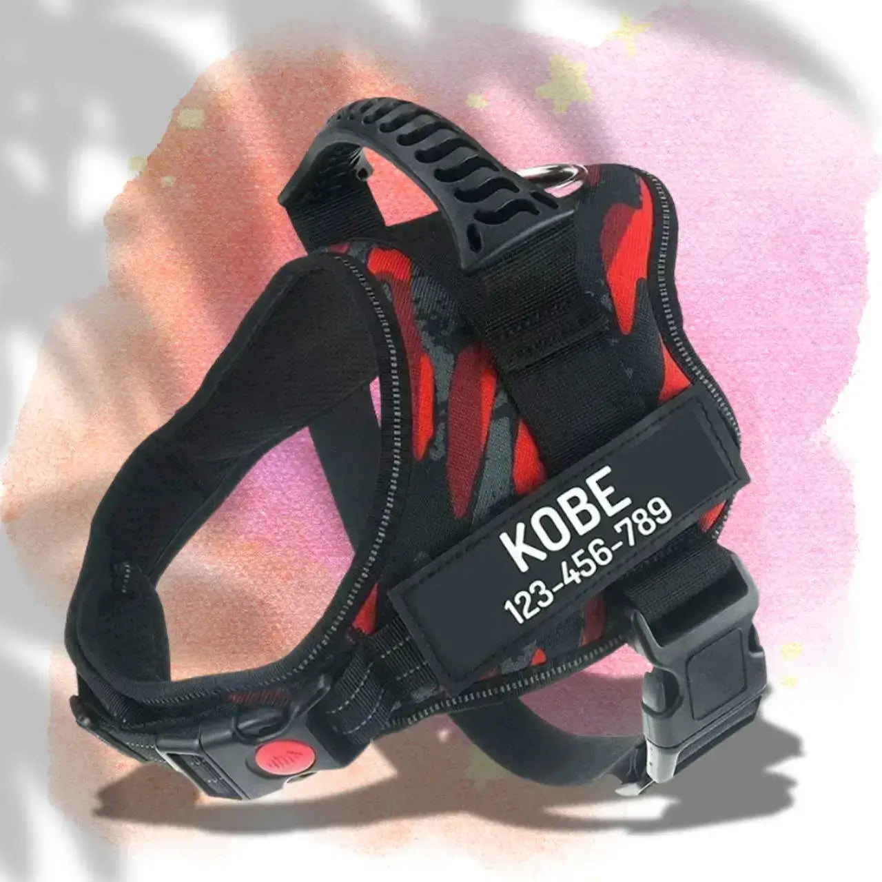 Un harnais personnalisable pour chien de couleur rouge.