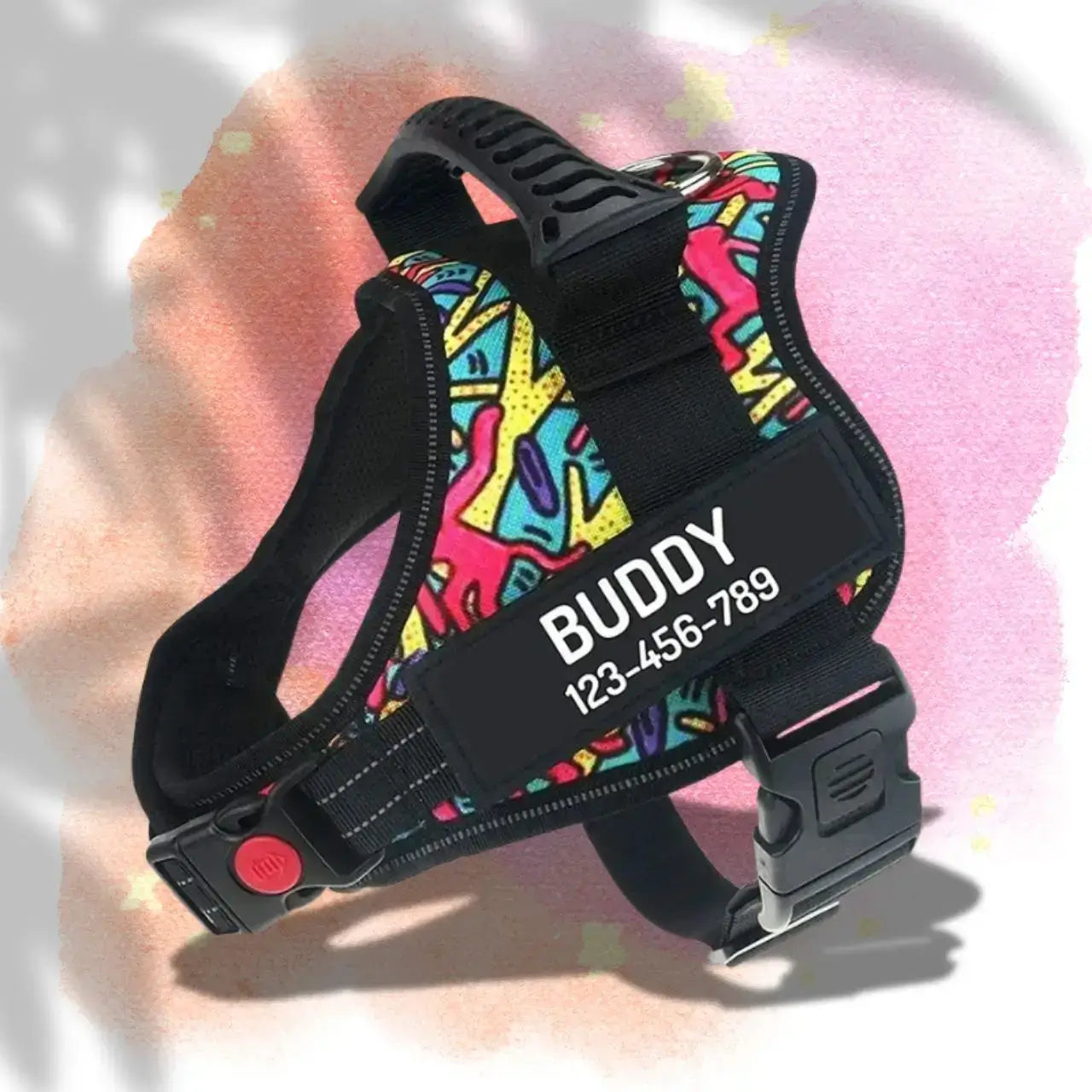 Un harnais personnalisable pour chien réfléchissant de couleur multicolore et motif treillis.