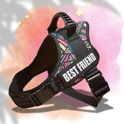 Harnais personnalisable pour chien multicolore à motif treilli.