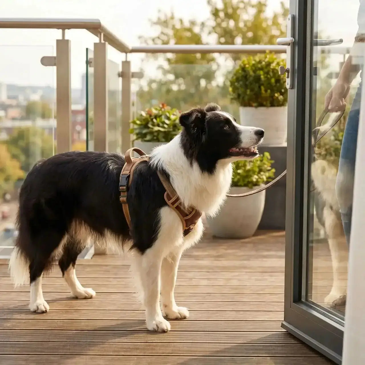 Un border collie sur un balcon près de la porte, prêt à partir avec son maître, porte le harnais pour border collie beige.