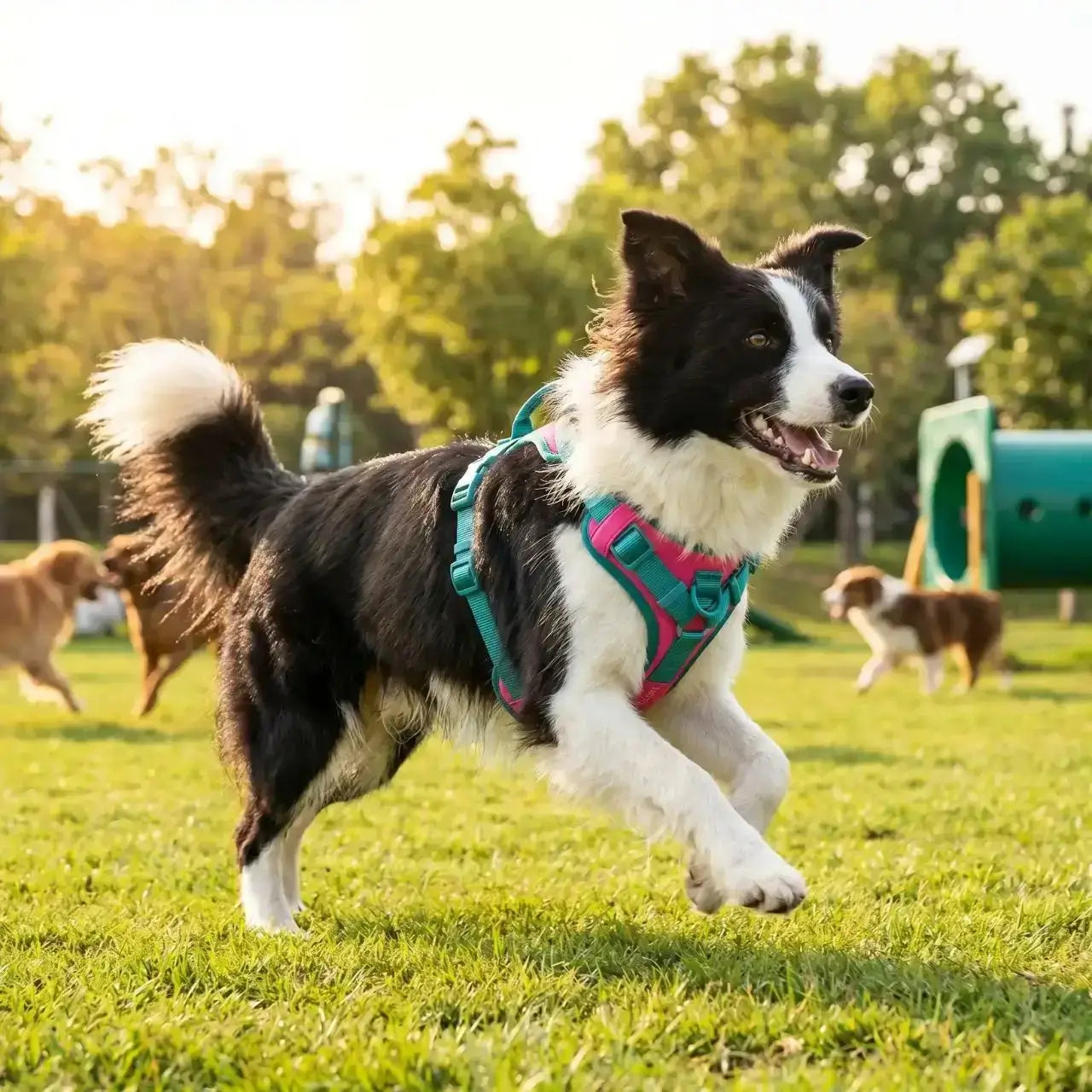 Un border collie avec son harnais pour border collie rose et vert dans un parc à chiens.