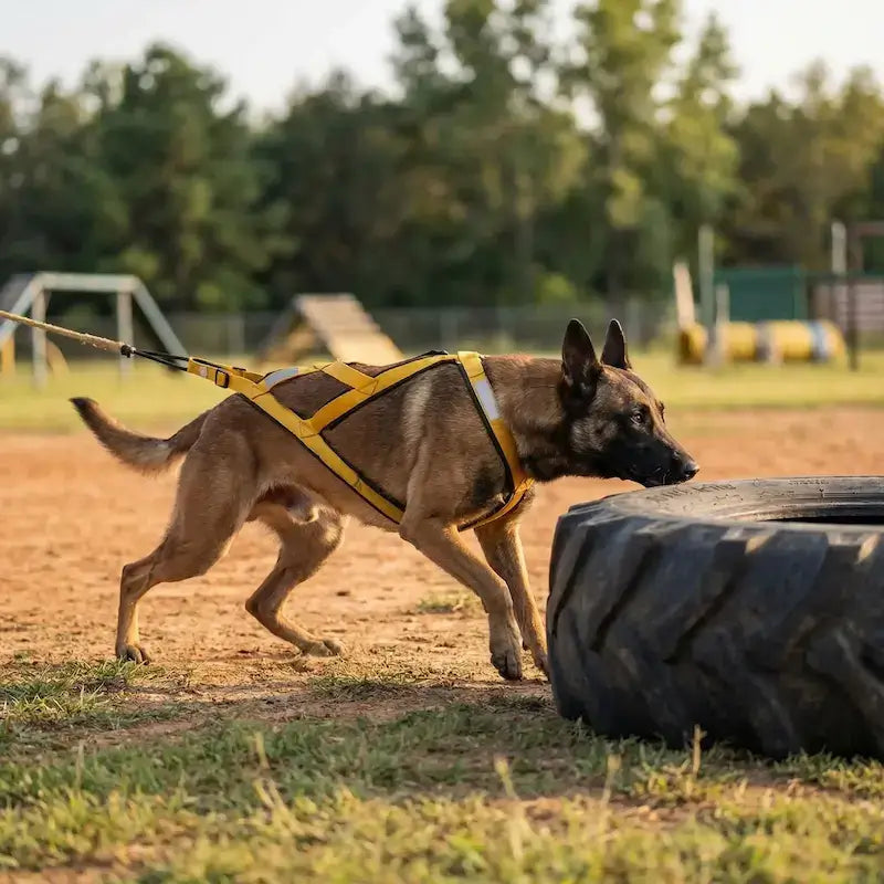 Un Malinois s'entraîne avec un pneu avec un harnais pour chien de course jaune. 