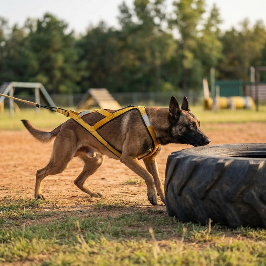 Le Malinois s'entraîne avec un pneu équipé d'un harnais pour chien de course jaune. 
