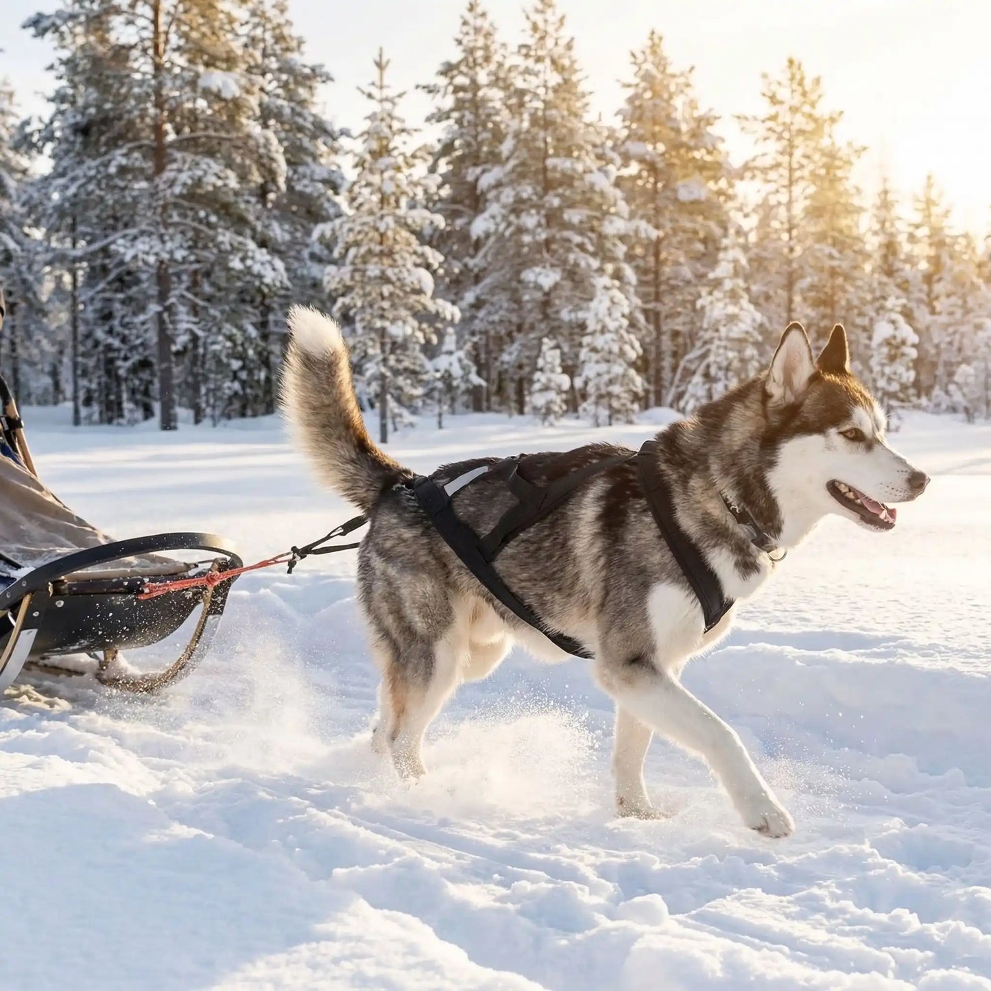 Un husky avec un traîneau dans la neige équipé d'un harnais pour chien de course noir.