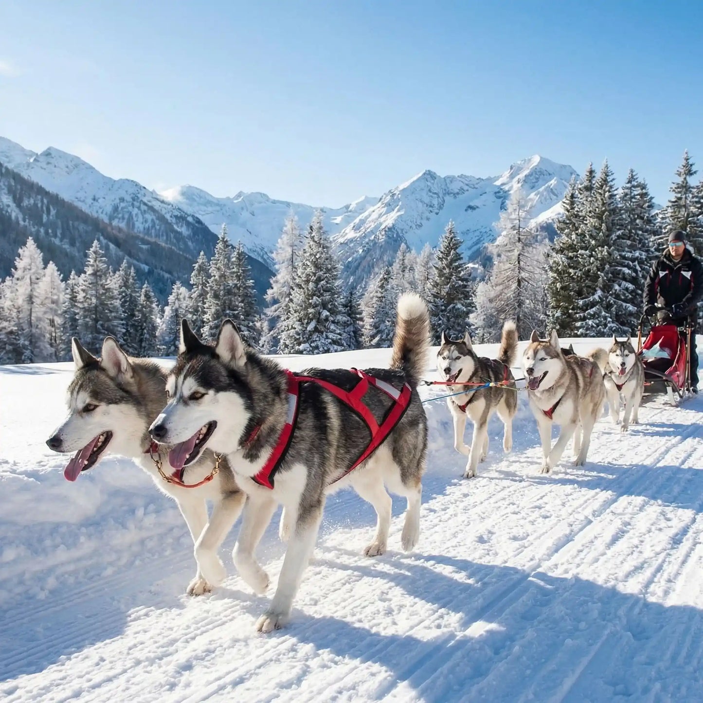 Plusieurs huskys tirent un traîneau dans les montagnes avec le harnais pour chien de course.