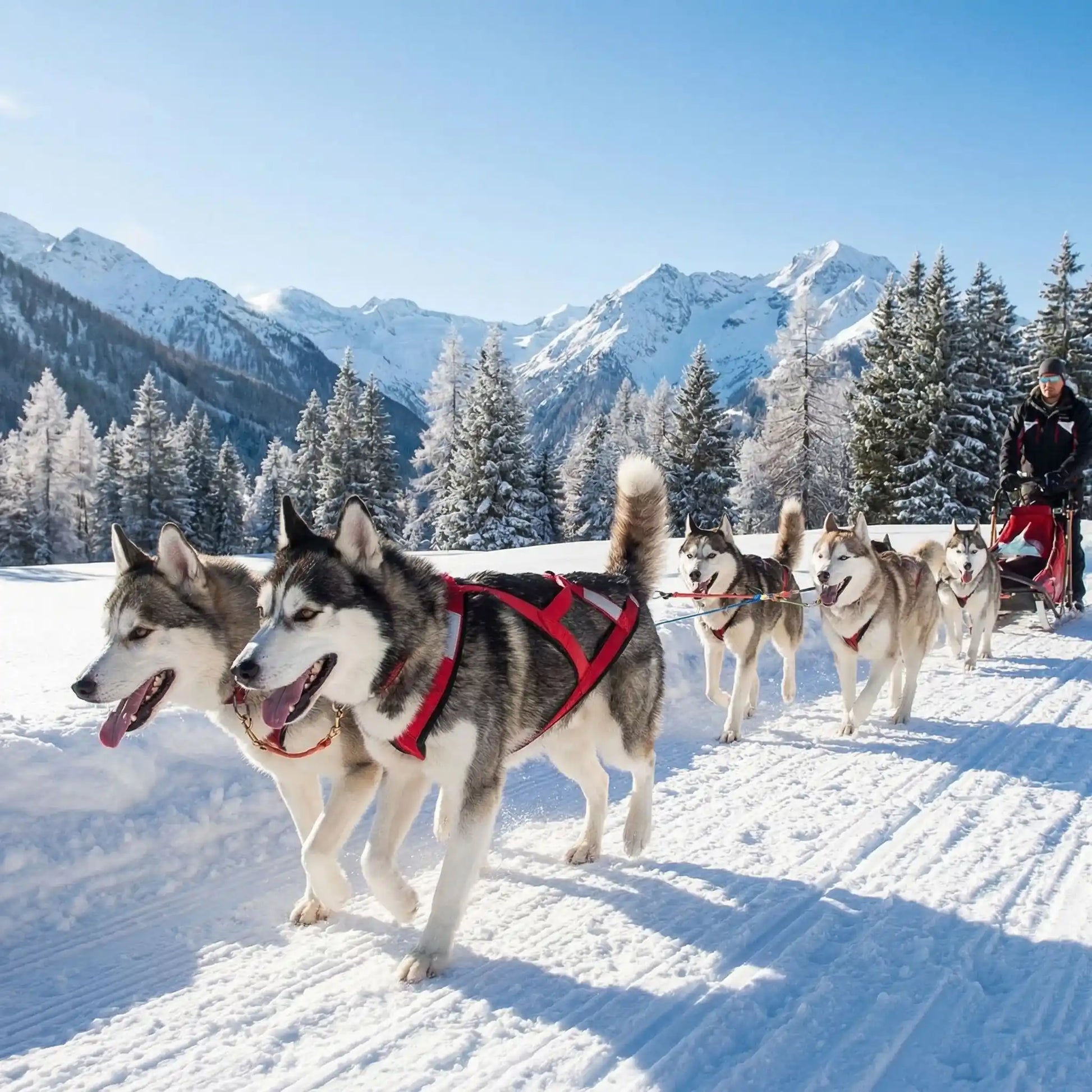 Plusieurs huskys tirent un traîneau dans les montagnes avec le harnais pour chien de course.