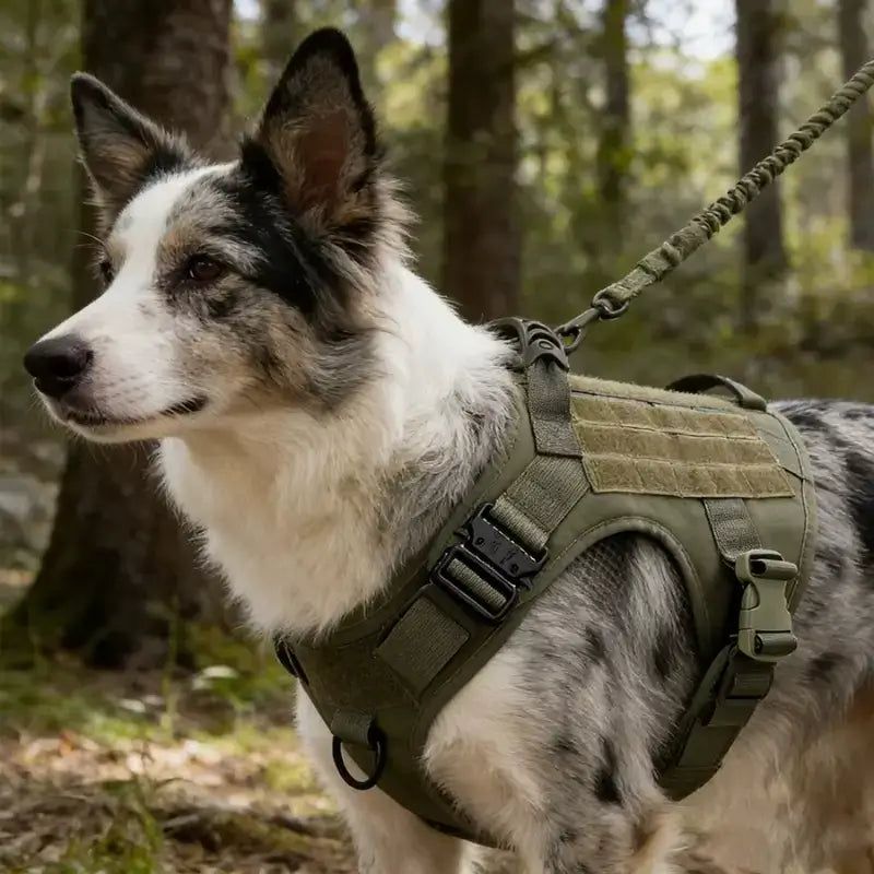 Un border collie vetu d'un harnais militaire pour chien vert armé.