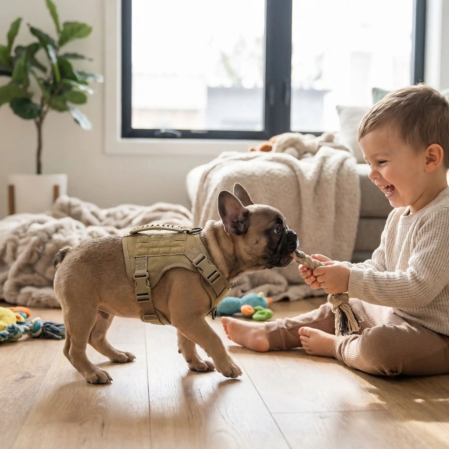 Un chiot bouledogue français qui porte un harnais pour chien brun coyotte joue avec un enfant dans un salon.
