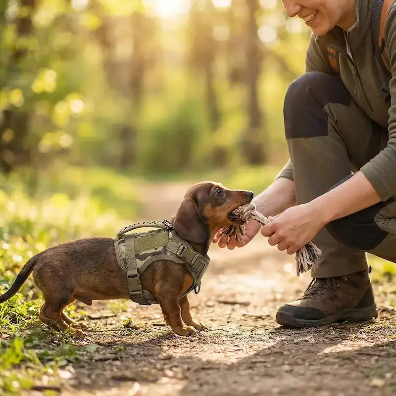 Un homme accroupi joue avec son chiot teckel qui porte un harnais pour chien vert camouflage.